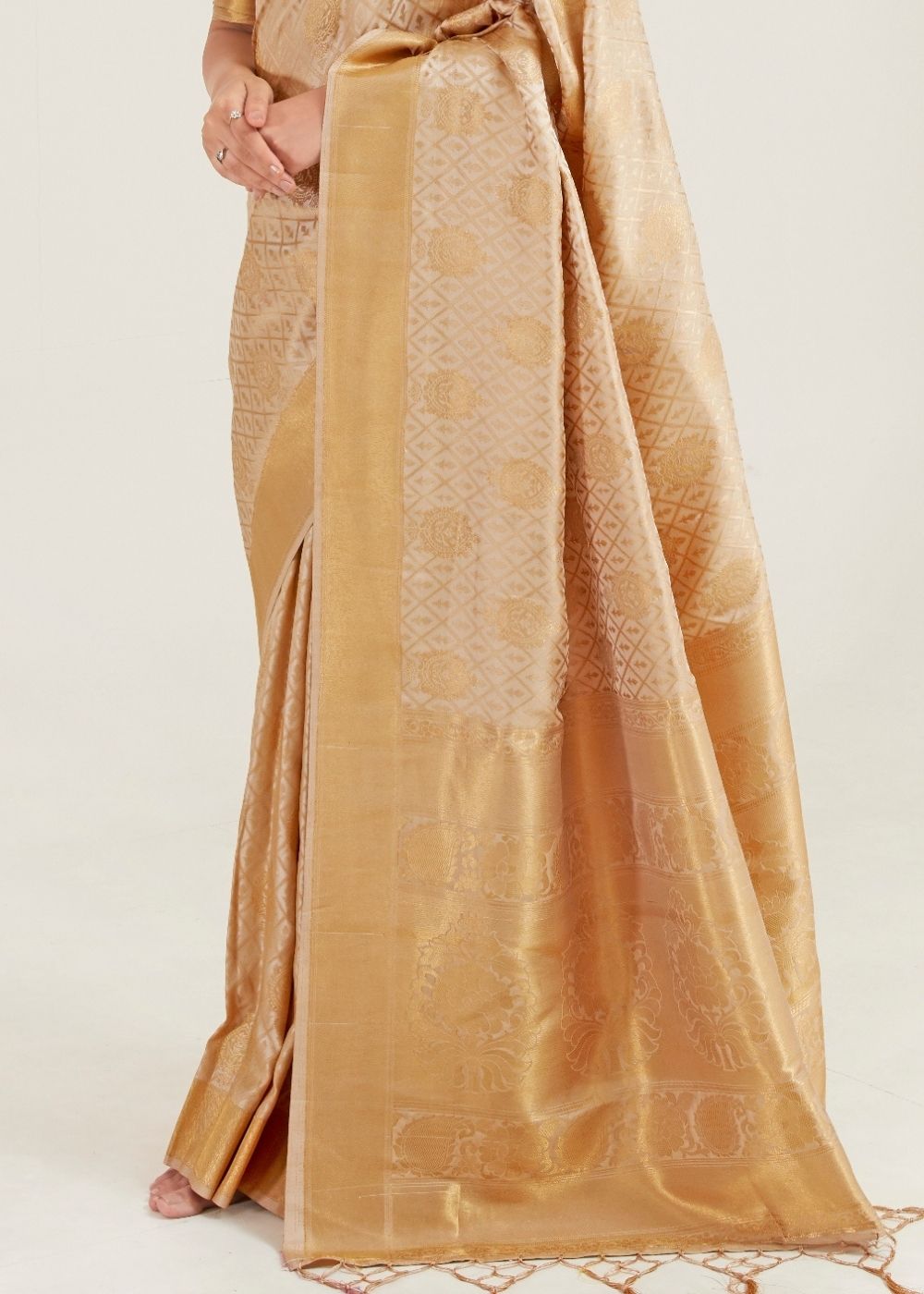 Beige Golden Zari Butta Woven Banasari Silk Saree - Colorful Saree