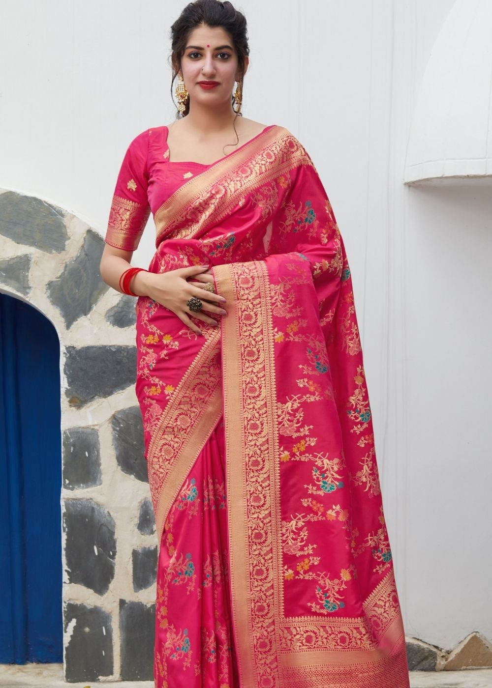 Magenta Silk Saree with Thread Embroidery work and Golden Zari Border - Colorful Saree