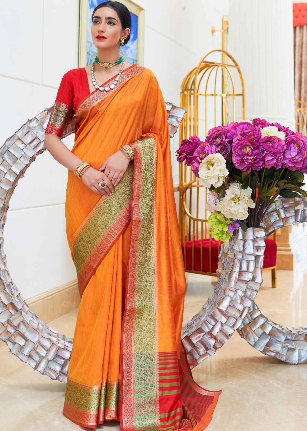 Bright Orange Handloom Woven Silk Saree - Colorful Saree