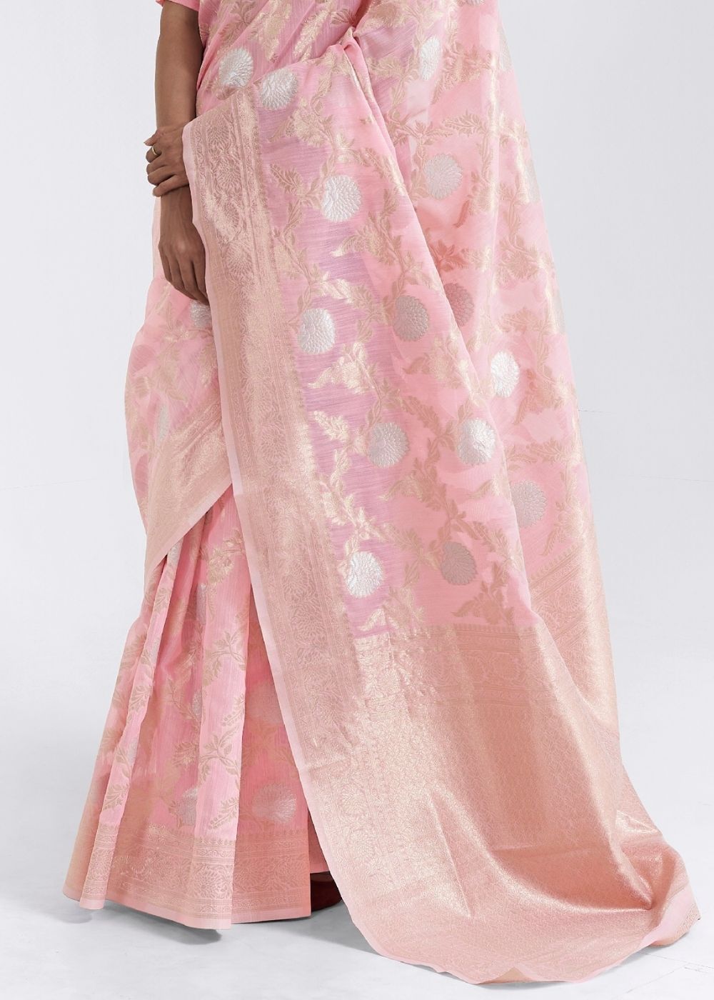 Rose Pink Zari Woven Linen Silk Saree - Colorful Saree