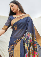 Navy Blue and Grey Handloom Woven Silk Saree - Colorful Saree