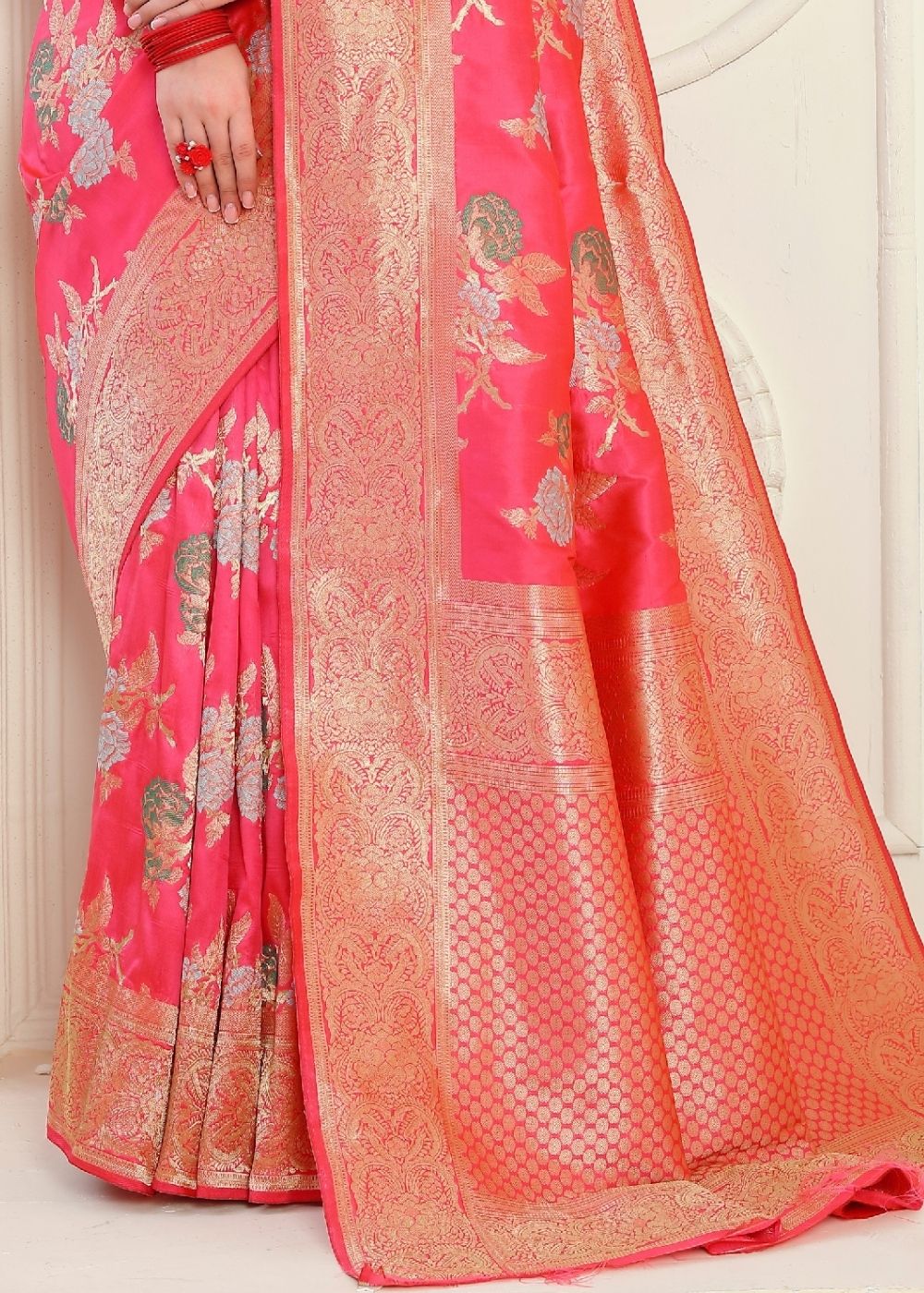 Strawberry Pink Zari Woven Banarasi Silk Saree - Colorful Saree