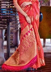 Brink Pink Satin Silk Saree with overall Golden Butti - Colorful Saree