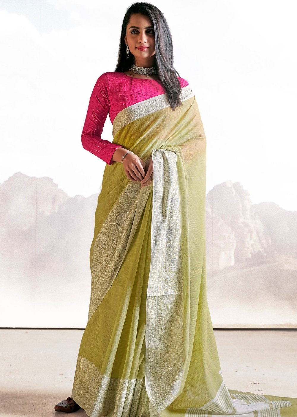 Sage Green Soft Linen Silk Saree with Lucknowi work and Sequence Blouse - Colorful Saree
