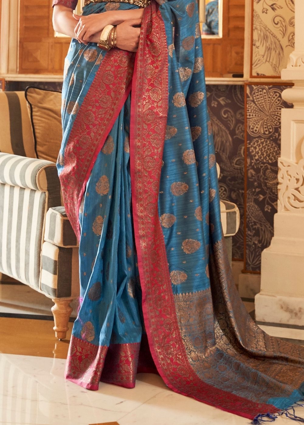 Yale Blue Woven Banarasi Tussar Silk Saree : Top Pick - Colorful Saree