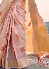 Salmon Pink Linen Silk Saree with Zari Woven Butti overall - Colorful Saree