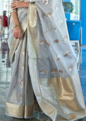 Cloudy Grey Zari Woven Organza Silk Saree - Colorful Saree