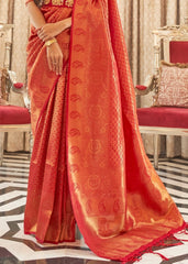 Vermilion Red Zari Woven Kanjivaram Silk Saree with Tassels on Pallu - Colorful Saree