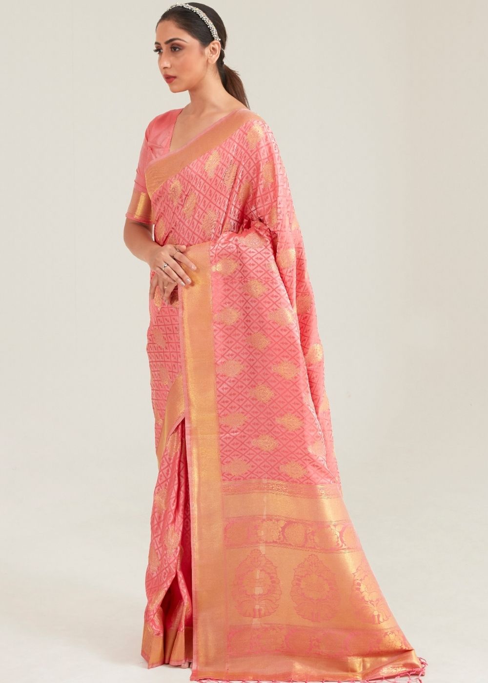 Salmon Pink Zari Butta Woven Banasari Silk Saree - Colorful Saree