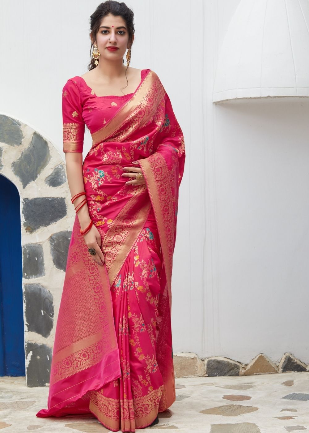 Magenta Silk Saree with Thread Embroidery work and Golden Zari Border - Colorful Saree