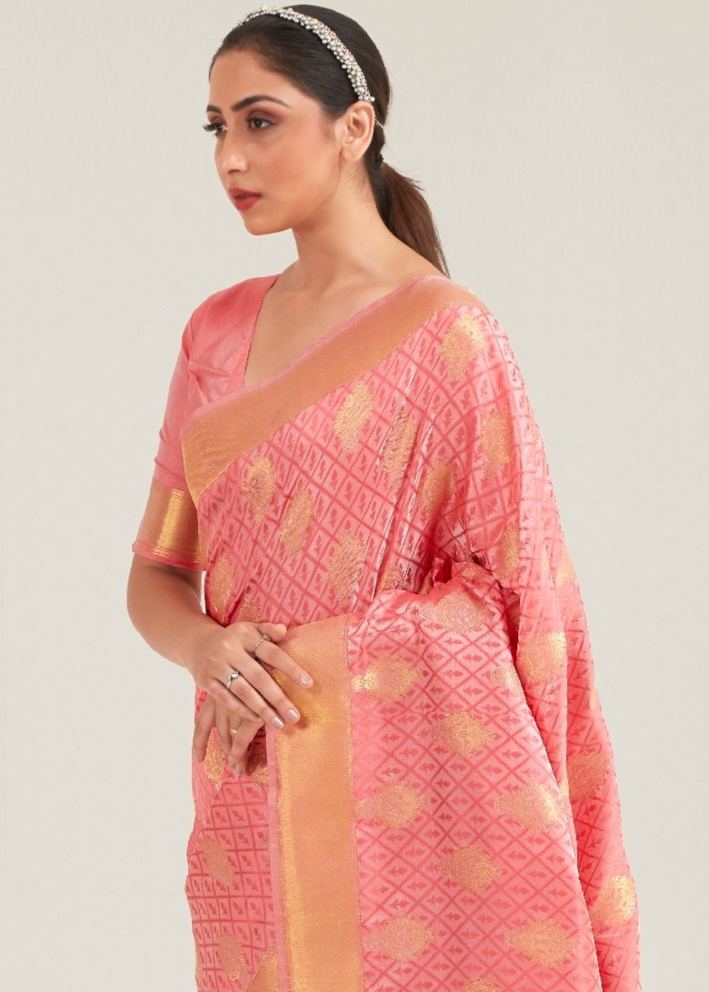 Salmon Pink Zari Butta Woven Banasari Silk Saree - Colorful Saree