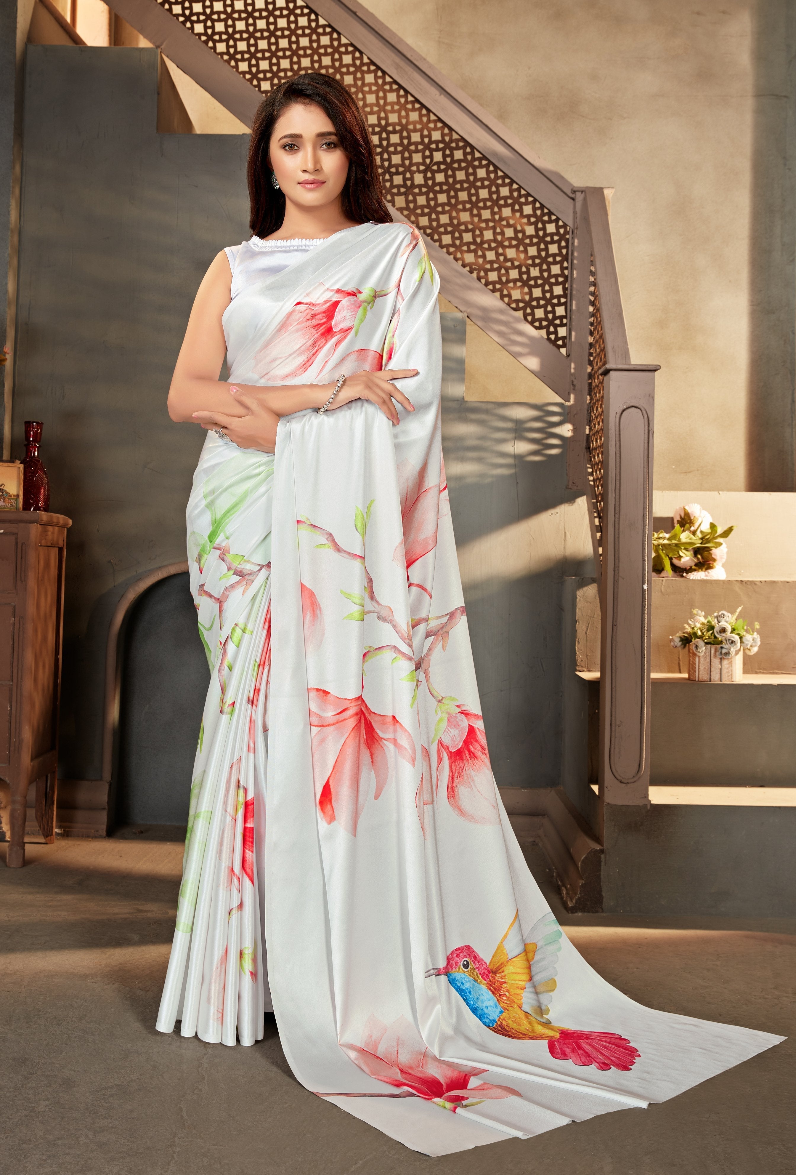 Off white color Satin digital print Saree - Colorful Saree