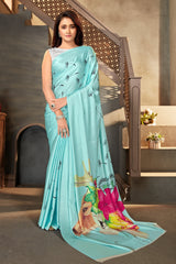 Sky blue color Satin digital print Saree - Colorful Saree