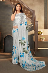 White color Satin digital print Saree - Colorful Saree