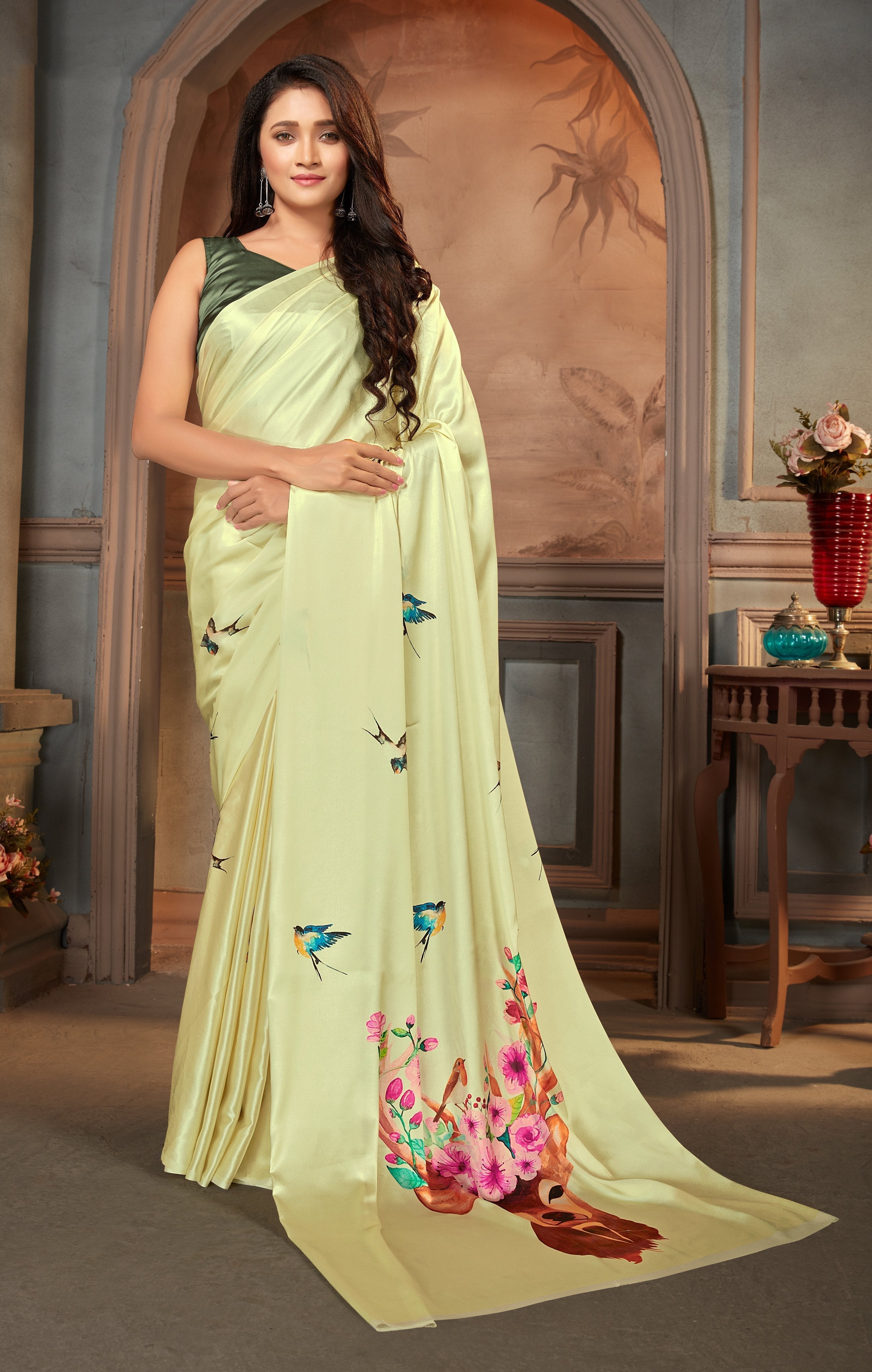 Pastel Green color Satin digital print Saree - Colorful Saree