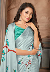 Light Grey color Satin digital print Saree - Colorful Saree