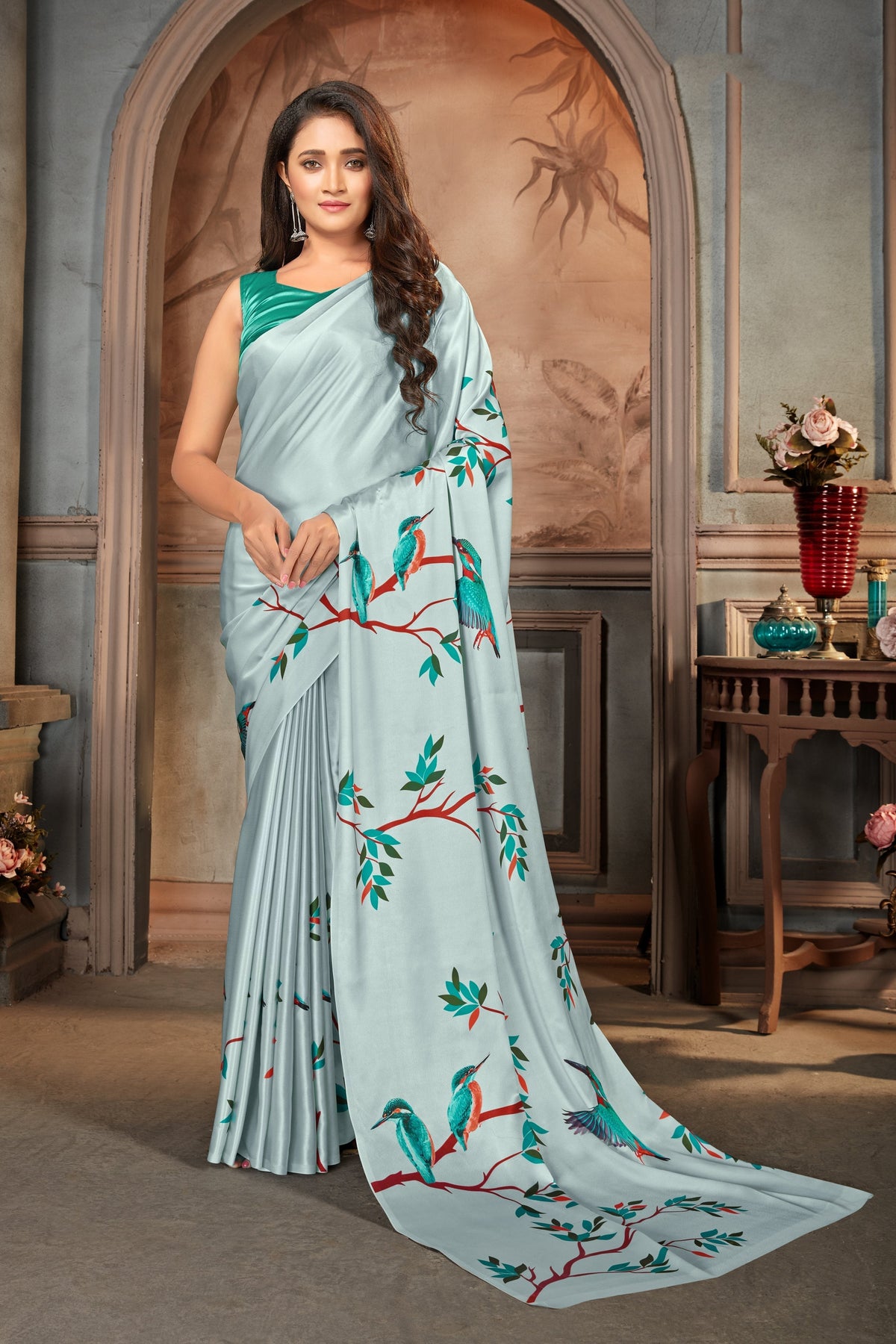 Light Grey color Satin digital print Saree - Colorful Saree