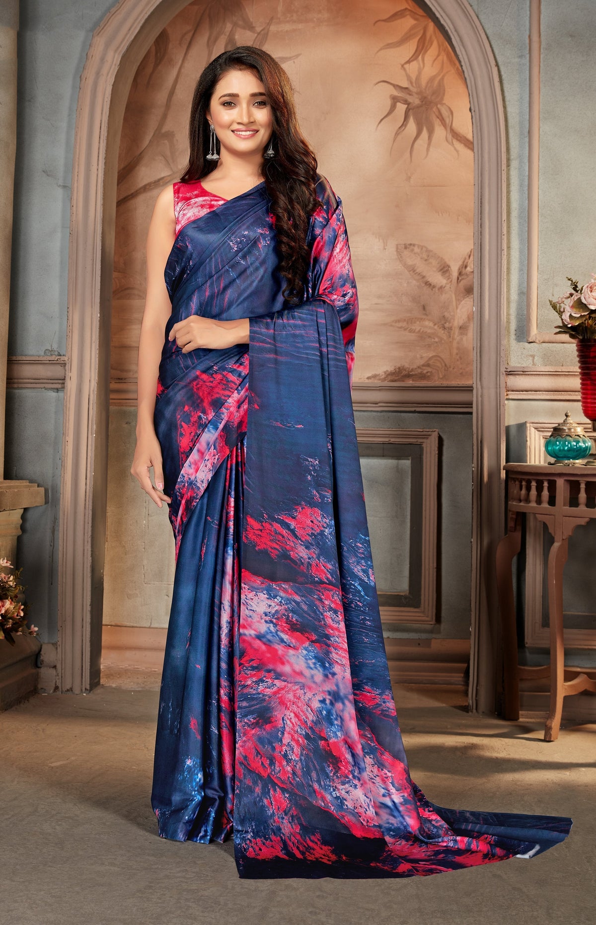 Blue color Satin digital print Saree - Colorful Saree