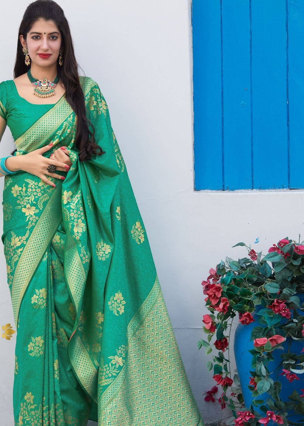 Parakeet Green Floral Motif Silk Saree - Colorful Saree