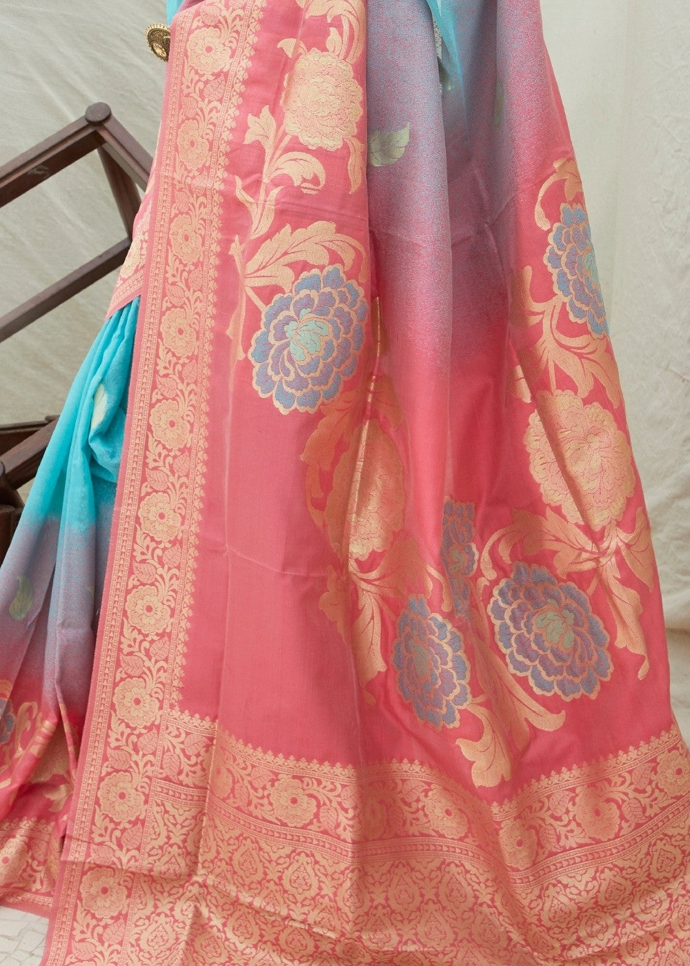 Pink and Blue Handloom Weaving Silk Saree - Colorful Saree