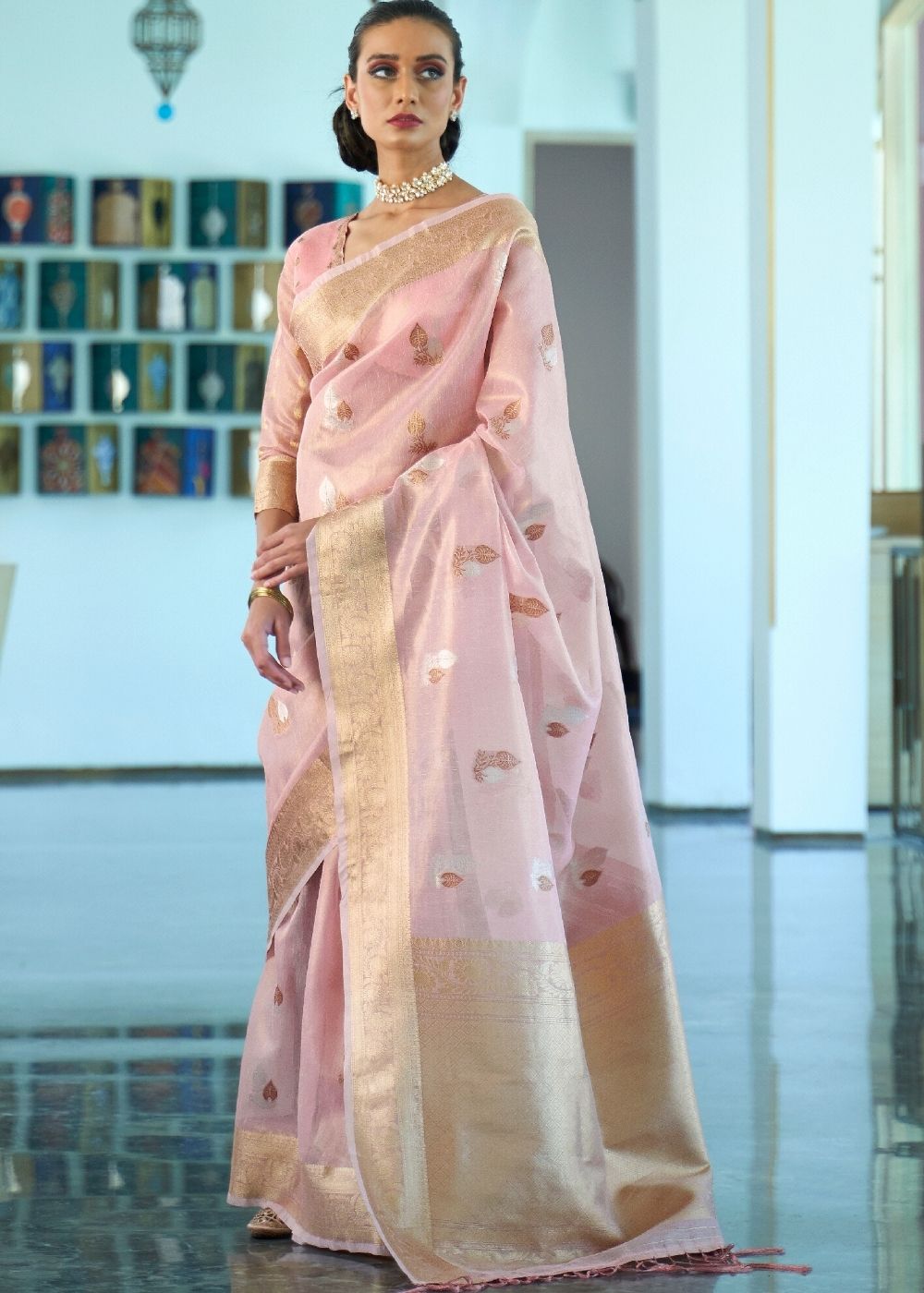 Lavender Pink Zari Woven Organza Silk Saree - Colorful Saree