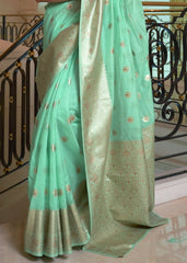 Mint Green Banarasi-Chanderi Fusion Woven Silk Saree - Colorful Saree