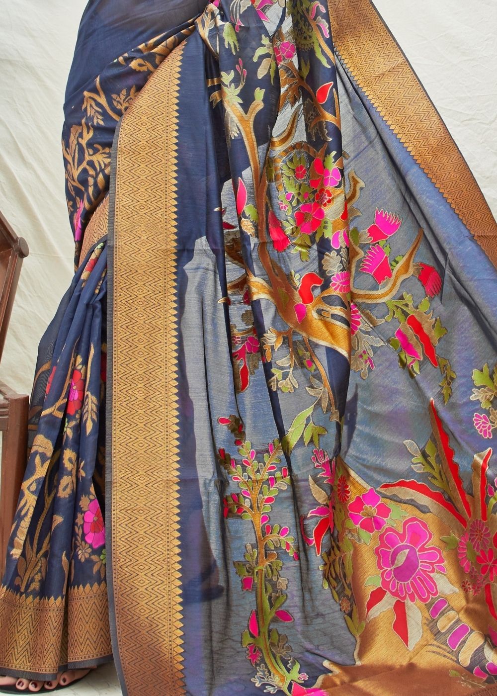 Navy Blue and Grey Handloom Woven Silk Saree - Colorful Saree