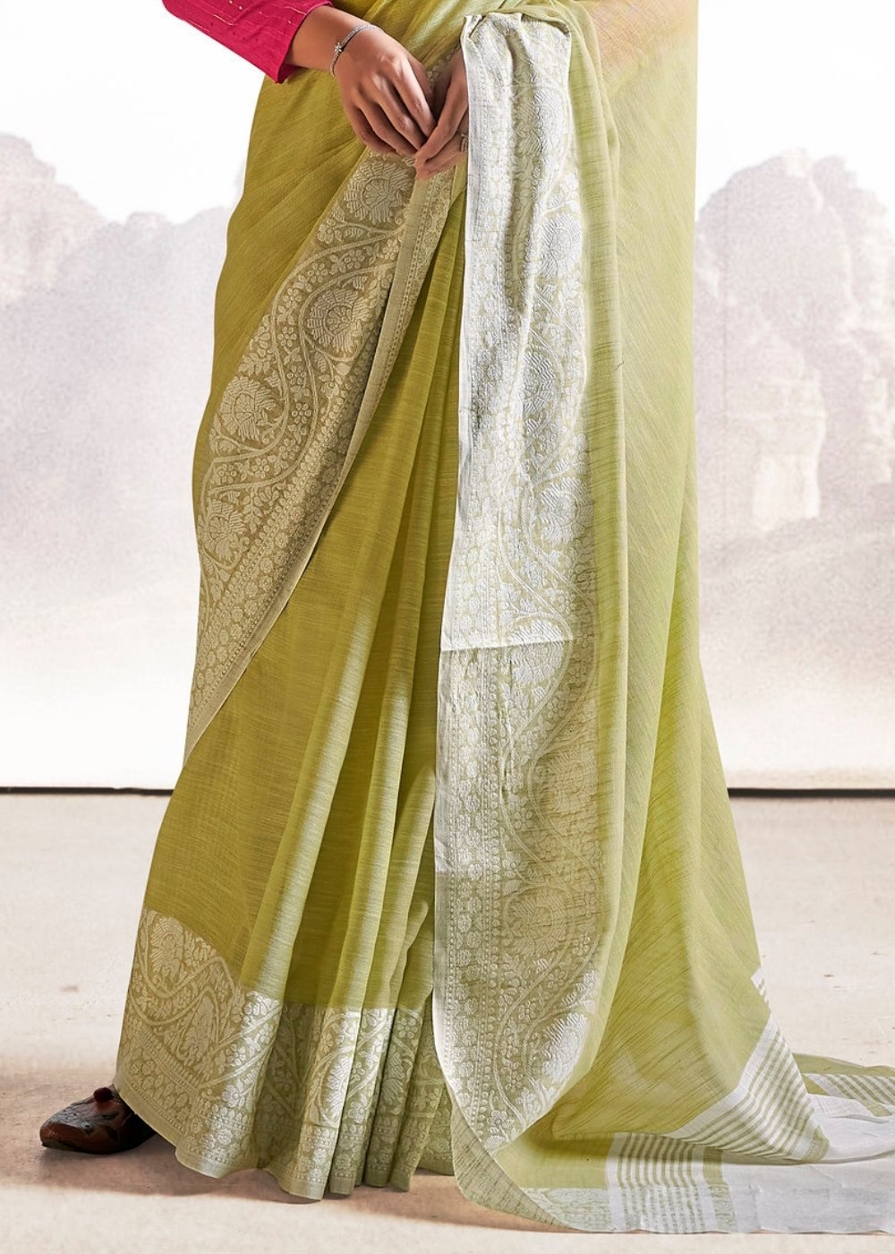 Sage Green Soft Linen Silk Saree with Lucknowi work and Sequence Blouse - Colorful Saree