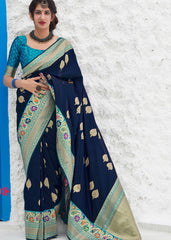 Indigo Blue Soft Banarasi Silk Saree with Zari Woven Butti overall - Colorful Saree