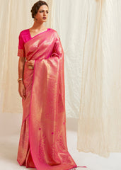 Hot Pink & Golden Blend Kanjivaram Silk Saree - Colorful Saree