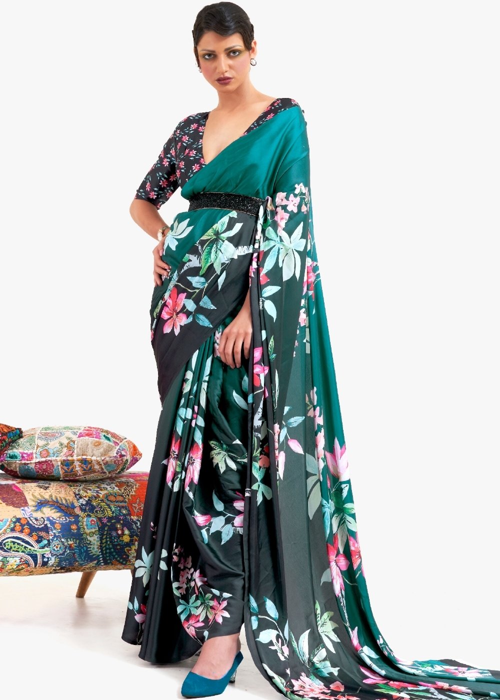 Teal Green Digital Printed Satin Crepe Saree - Colorful Saree