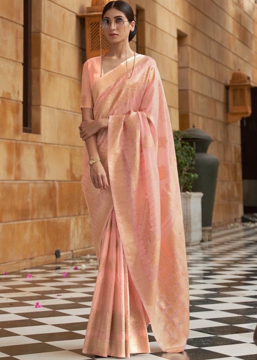 Flamingo Pink Zari Woven Silk Saree with Sequins work - Colorful Saree