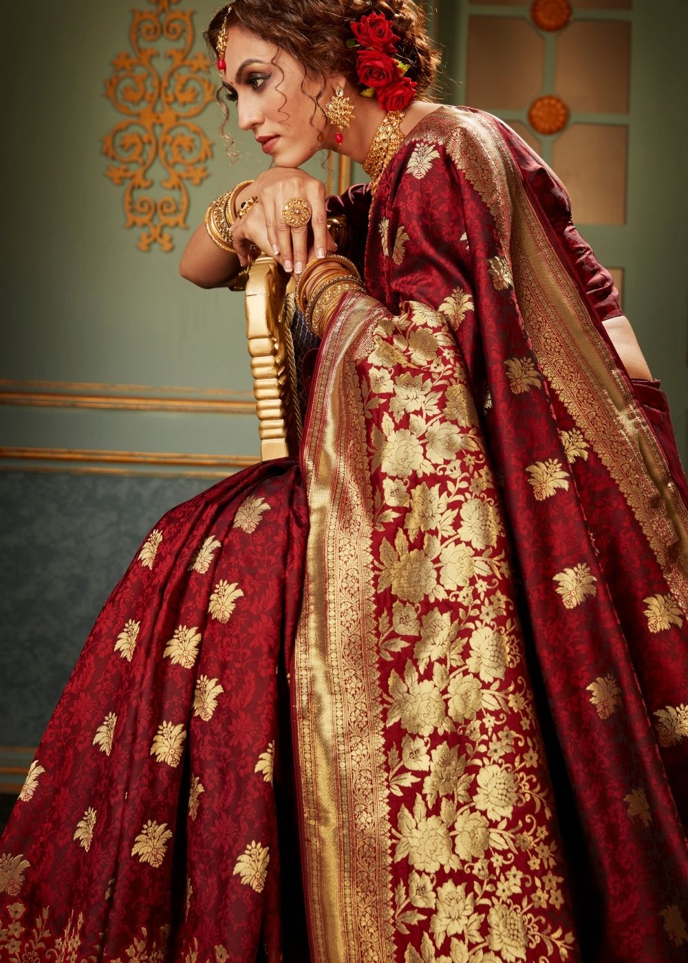 Maroon Red and Golden Banarasi Silk Saree - Colorful Saree