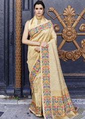 Cream and Golden Blend Silk Saree with Floral Woven Border and Pallu - Colorful Saree