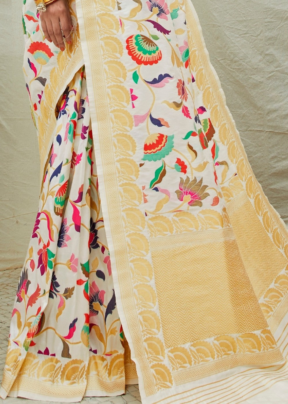 Off White Silk Floral Woven Saree - Colorful Saree