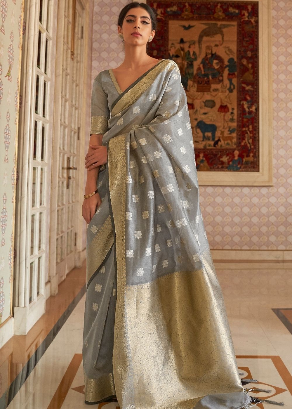 Mink Grey Zari Woven Linen Silk Saree - Colorful Saree
