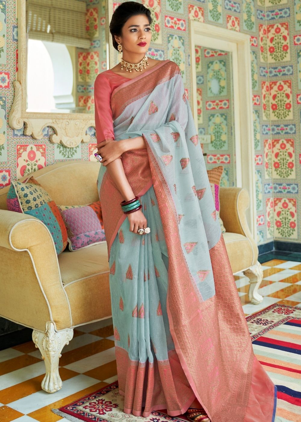 Sky Blue Woven Linen Silk Saree with Butti overall - Colorful Saree