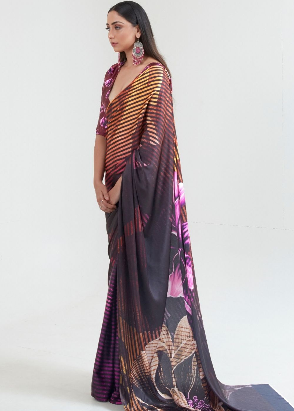 Umber Brown & Black Satin Silk Digital Printed Saree - Colorful Saree