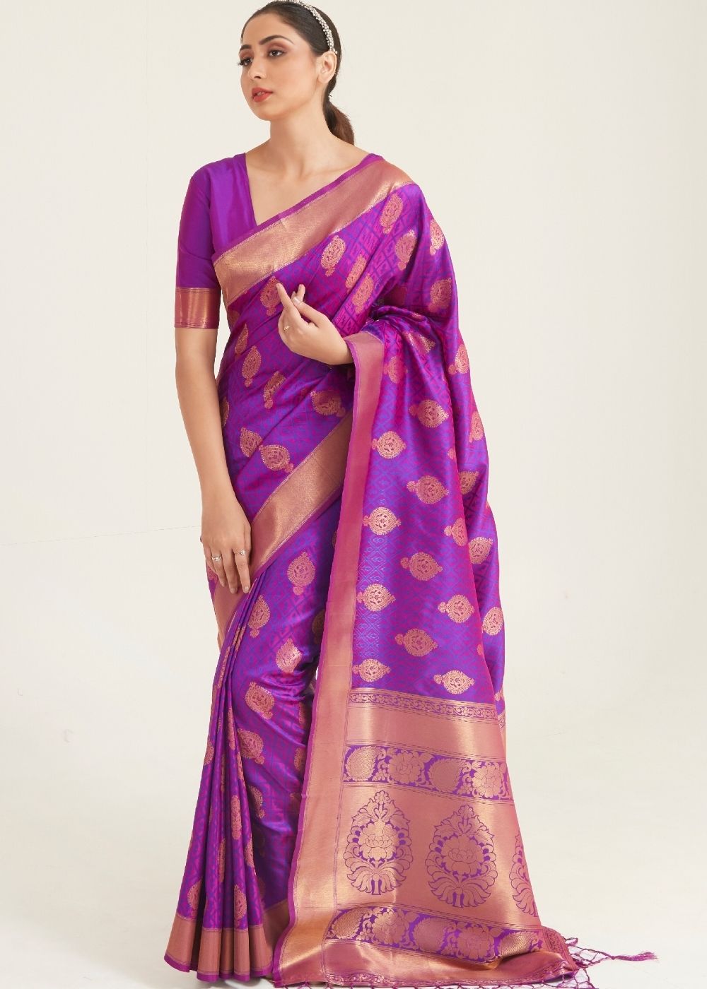 Royal Purple Zari Butta Woven Banasari Silk Saree - Colorful Saree