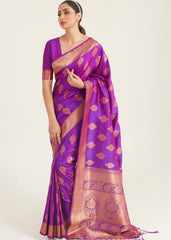 Royal Purple Zari Butta Woven Banasari Silk Saree - Colorful Saree