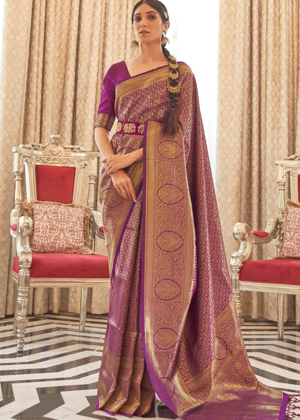 Irish Purple Zari Woven Kanjivaram Silk Saree with Tassels on Pallu - Colorful Saree