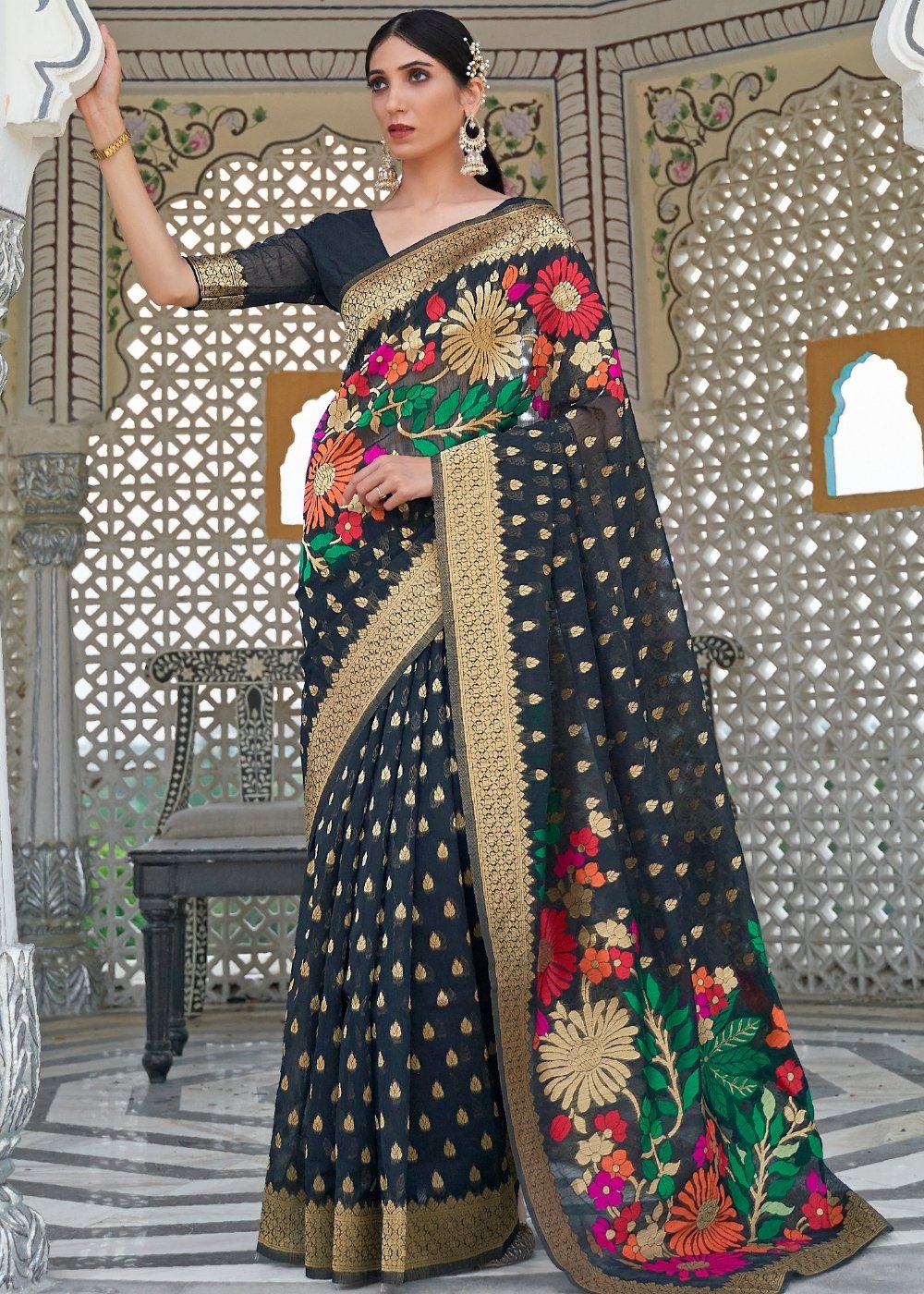 Onyx Black Floral Embroidered Linen Silk Saree - Colorful Saree