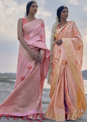 Salmon Pink Linen Silk Saree with Zari Woven Butti overall - Colorful Saree