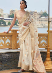 Ivory White Woven Linen Silk Saree - Colorful Saree