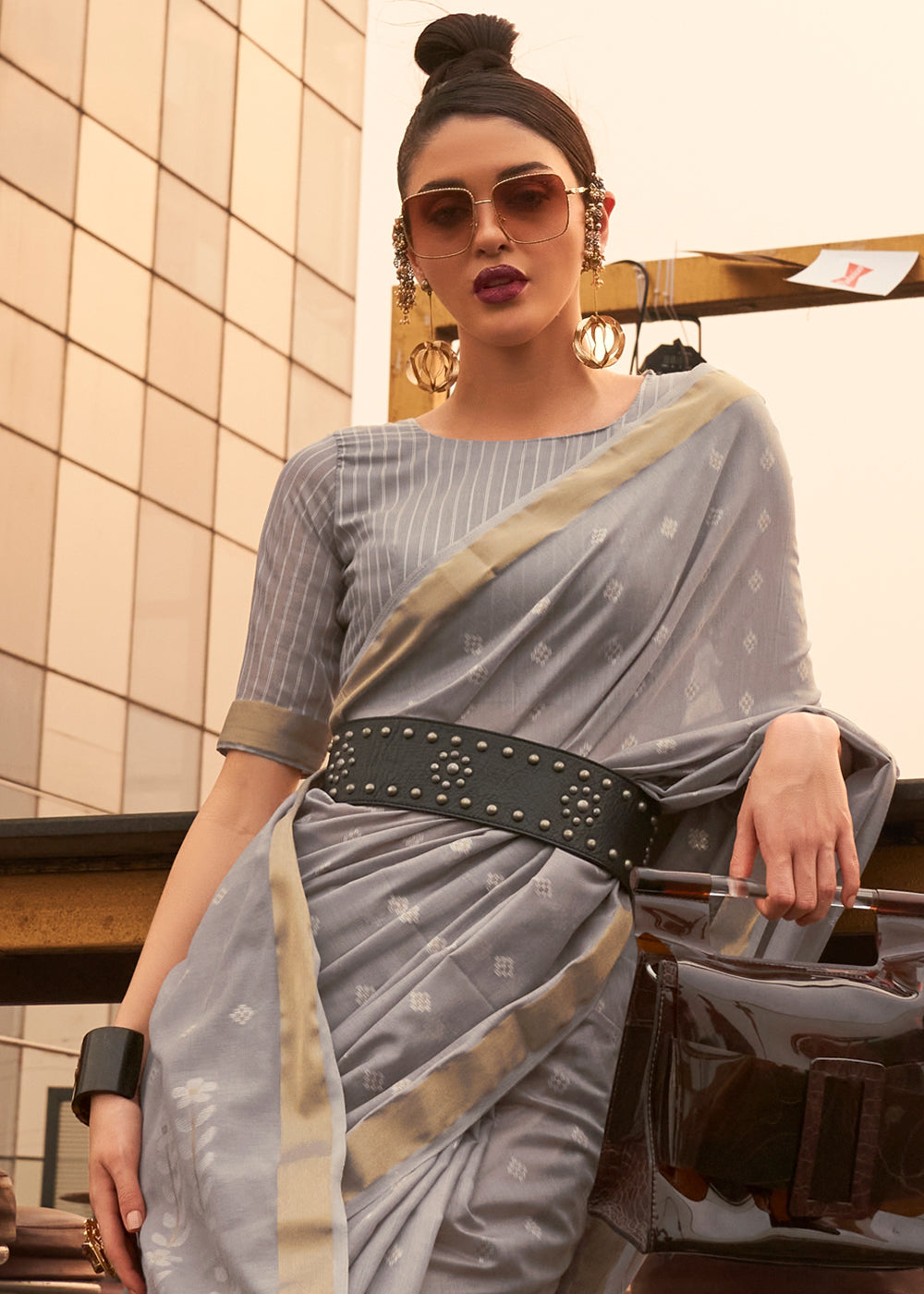 Steel Grey Handloom Weaving Banarasi Cotton Silk Saree - Colorful Saree