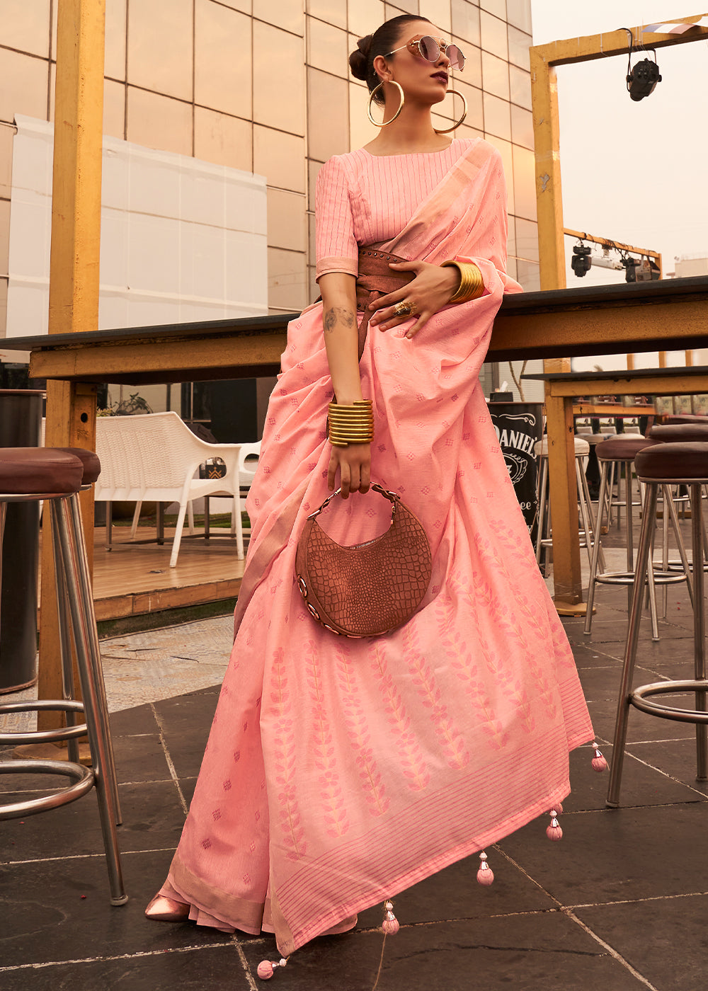 Salmon Pink Handloom Weaving Banarasi Cotton Silk Saree - Colorful Saree