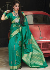 Green Silk Saree with Heavy Zari work Golden Pallu - Colorful Saree