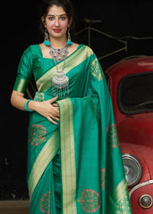 Green Silk Saree with Heavy Zari work Golden Pallu - Colorful Saree