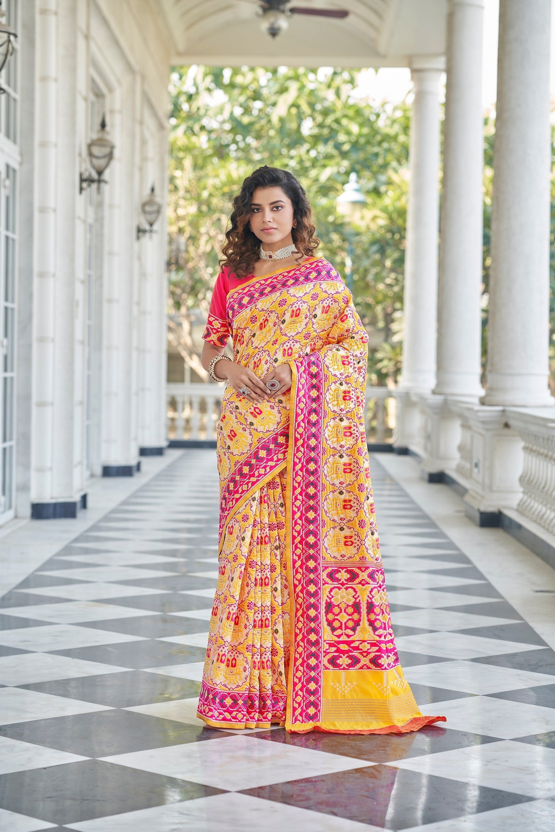 Yellow With Pink Color Patola Weaving Zari Silk Saree - Colorful Saree