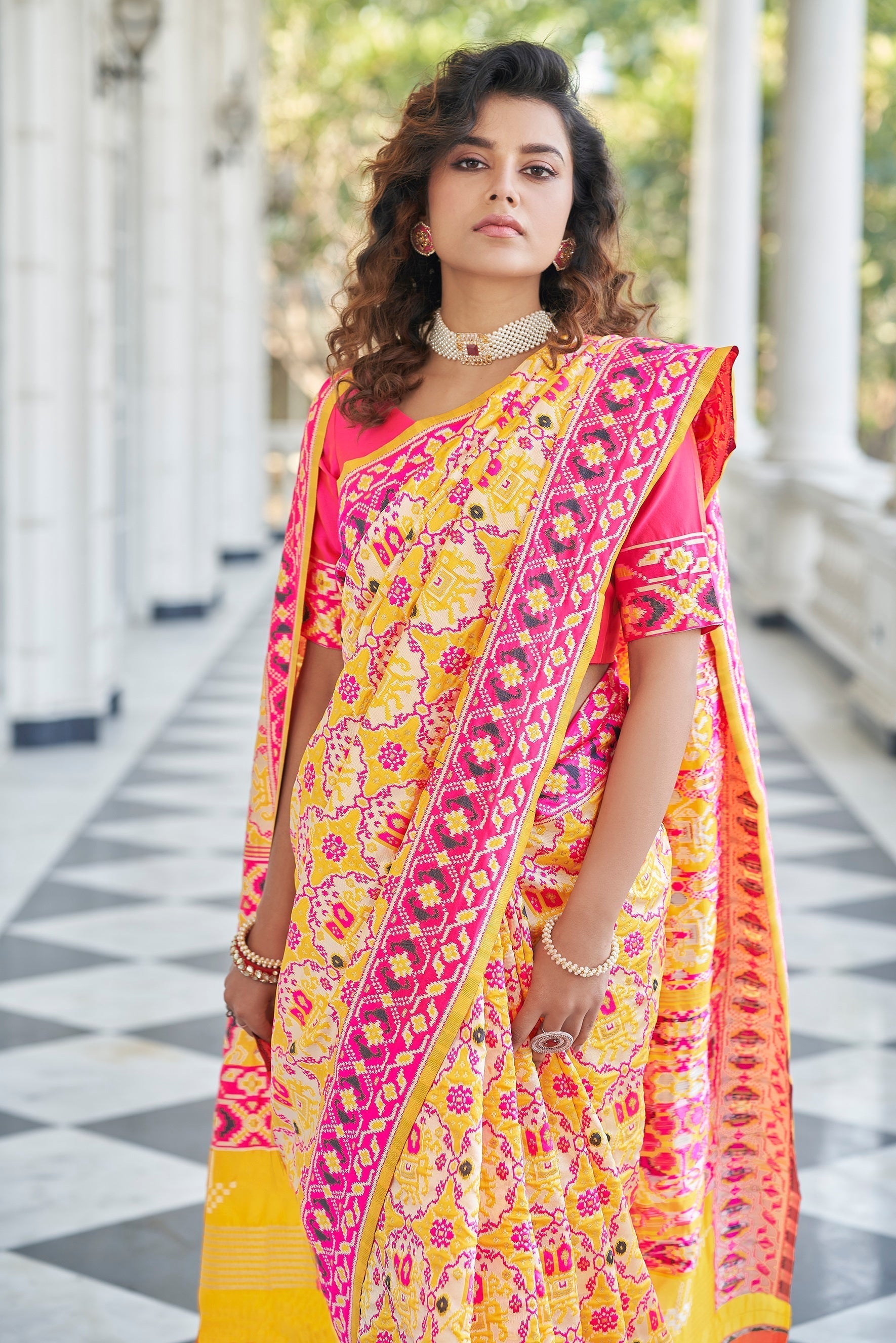 Yellow With Pink Color Patola Weaving Zari Silk Saree - Colorful Saree